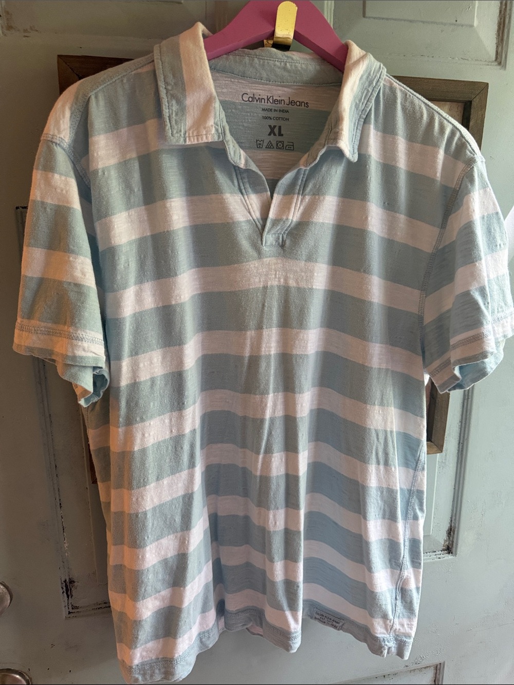 SOFT 100% Calvin Klein Jeans Men's Polo in Light Blue and White Stripes